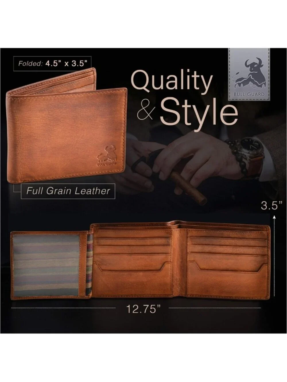 RFID Blocking Bifold Wallet for Men - Brown Full Grain Leather, 2 ID Windows
